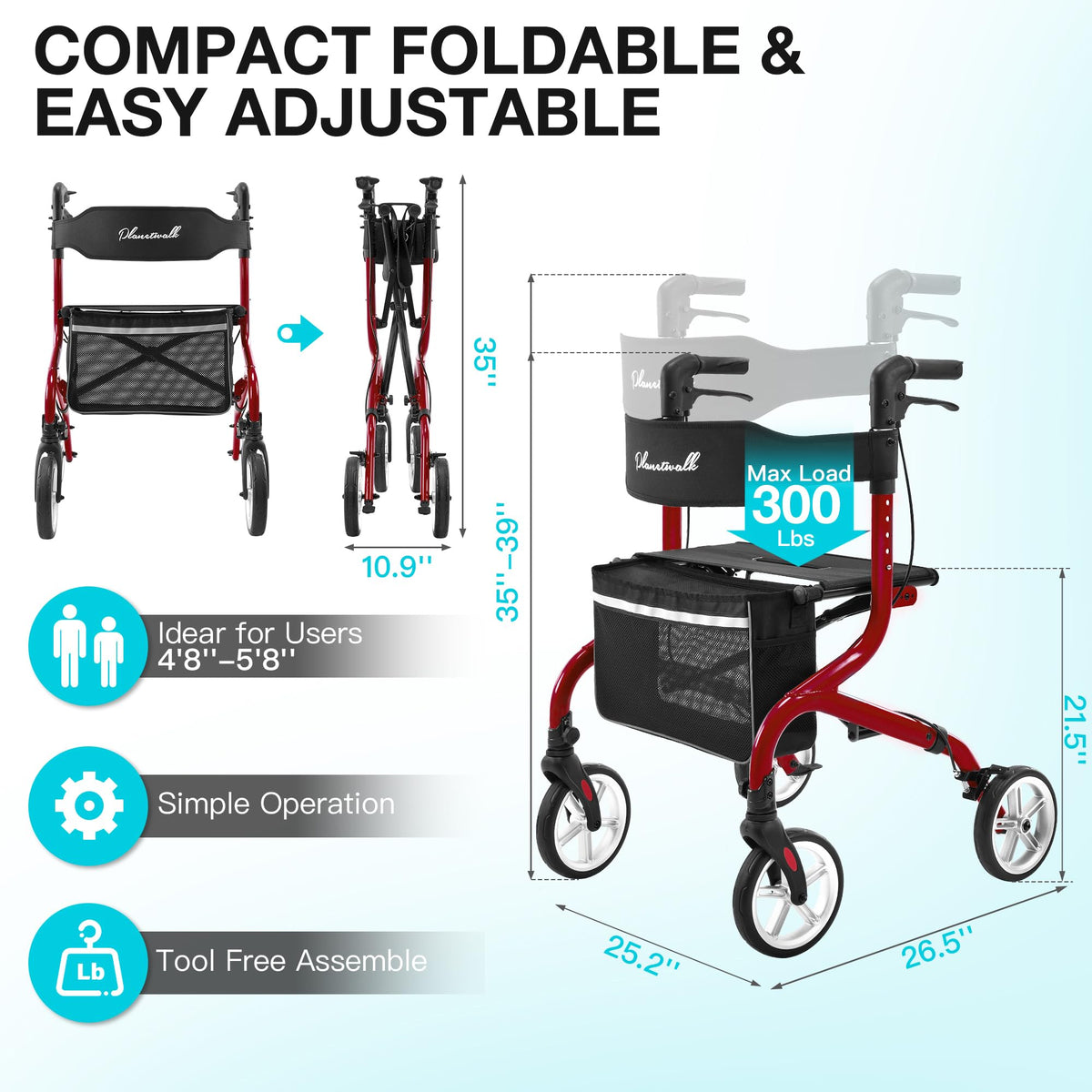 Lightweight Foldable Rollator Walker with Seat and 8" Rubber Wheels Q32655