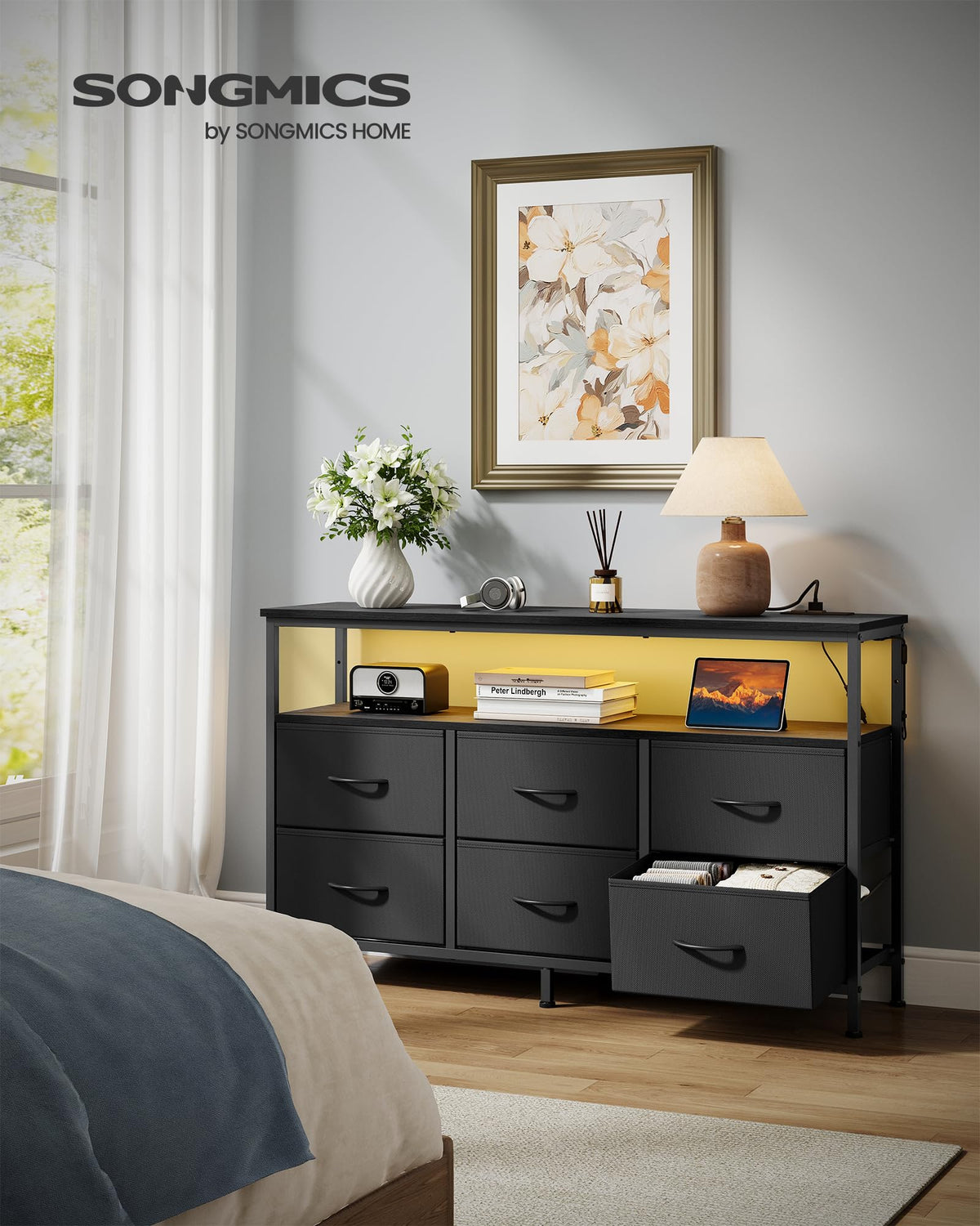 Wide Dresser with 6 Drawers & Open Shelf W6883