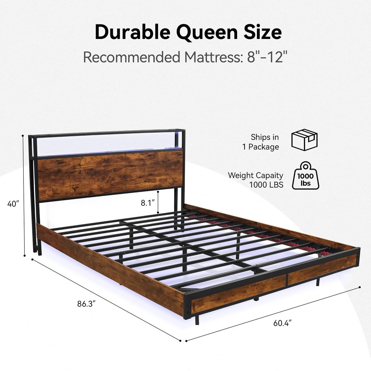 Queen Size Metal Platform Bed Frame with Storage Headboard and LED Lights Z5042