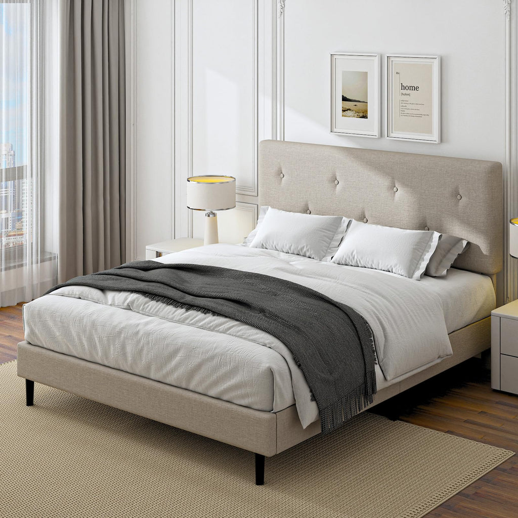 Queen Size Beige Linen Bed Frame with Adjustable Headboard E584762