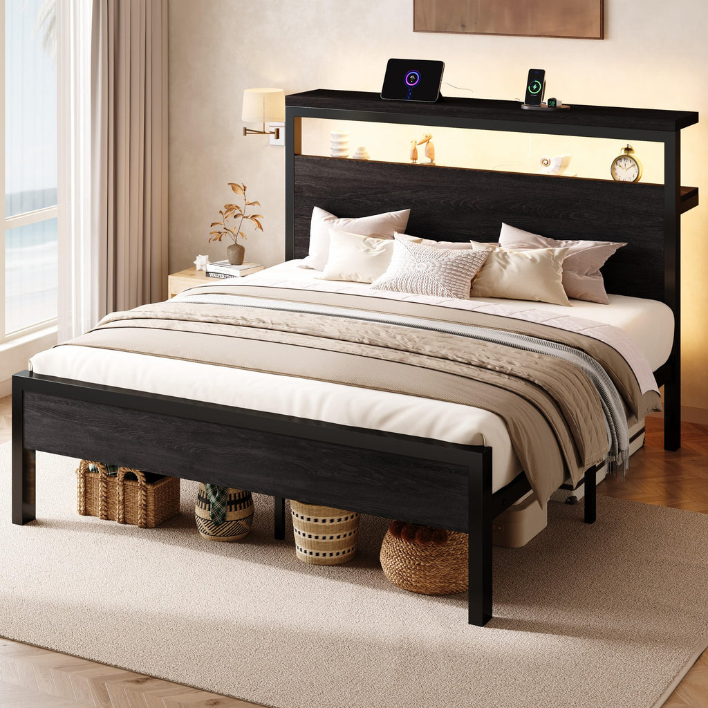 Full Bed Frame with 2-Tier Storage Headboard T17053