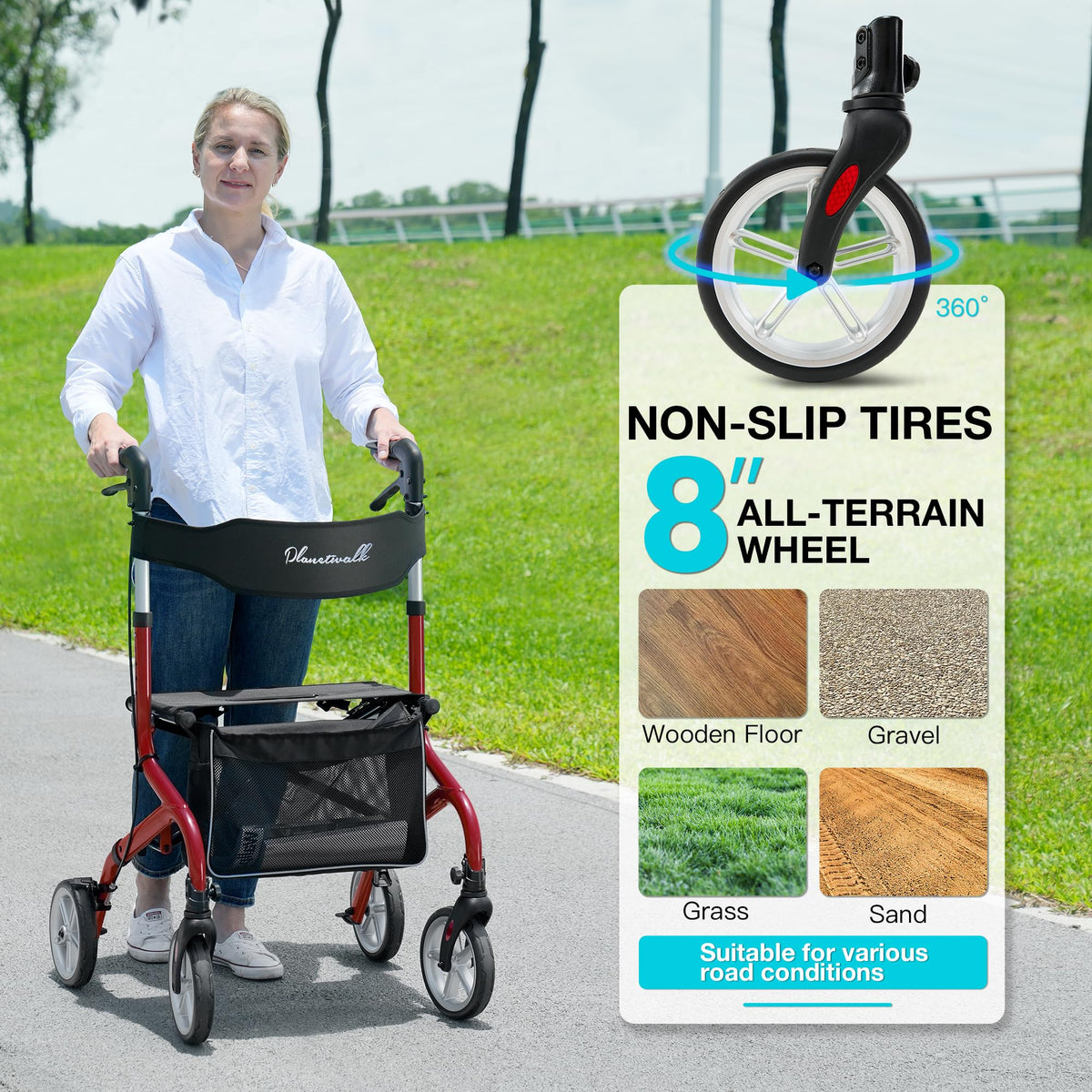 Lightweight Foldable Rollator Walker with Seat and 8" Rubber Wheels Q32655