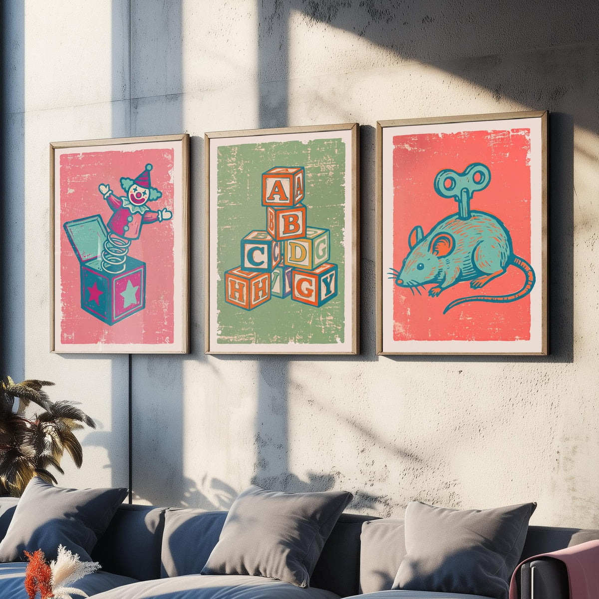 Art Prints Set of 3 Retro Linocut Style I317