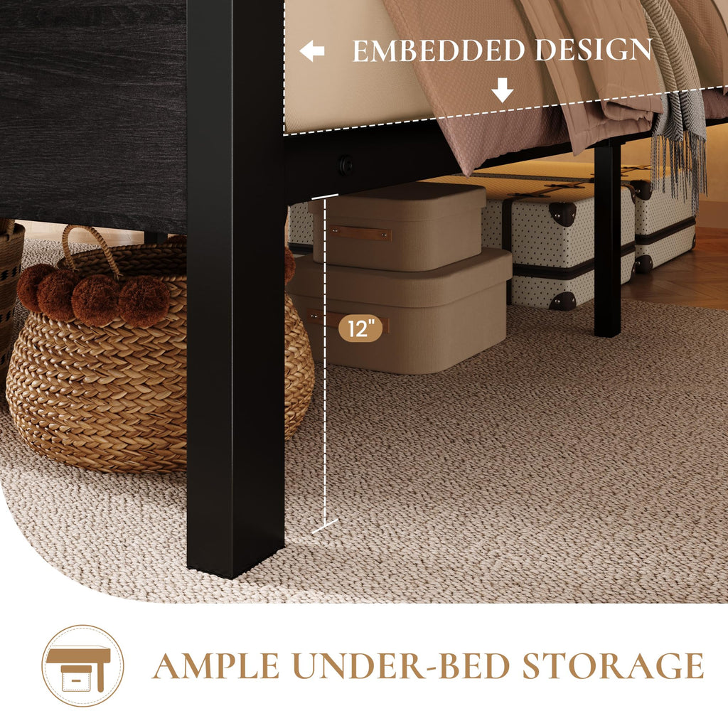 Full Bed Frame with 2-Tier Storage Headboard T17053