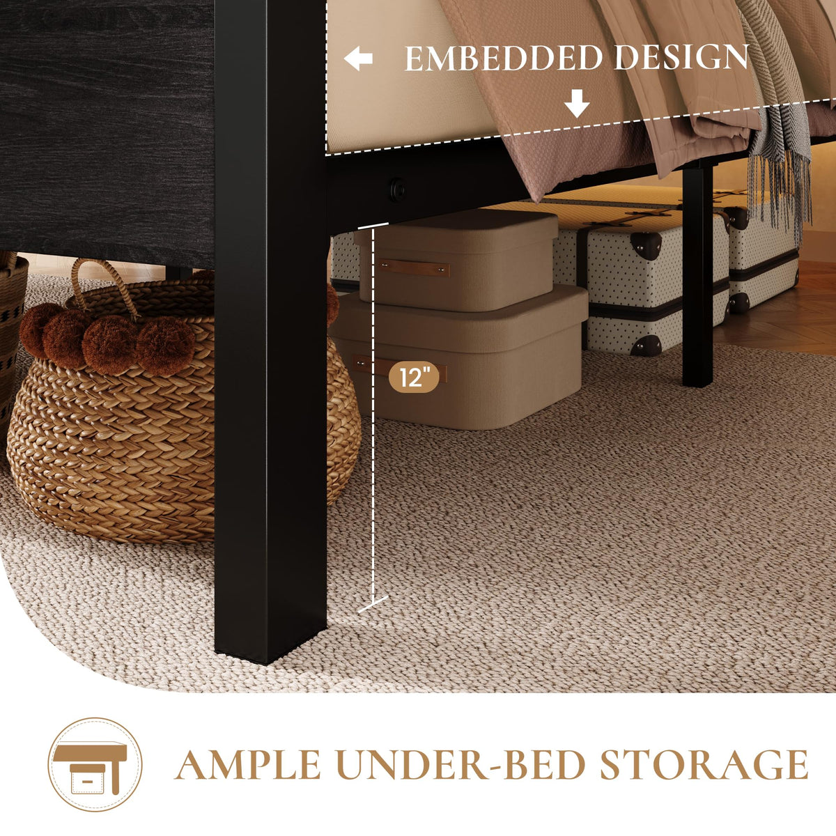 Full Bed Frame with 2-Tier Storage Headboard T17053