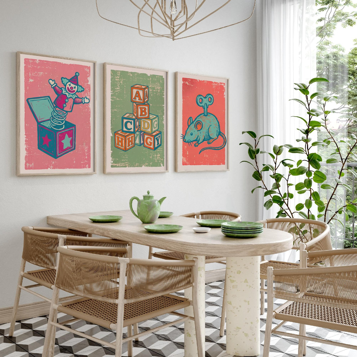 Art Prints Set of 3 Retro Linocut Style I317