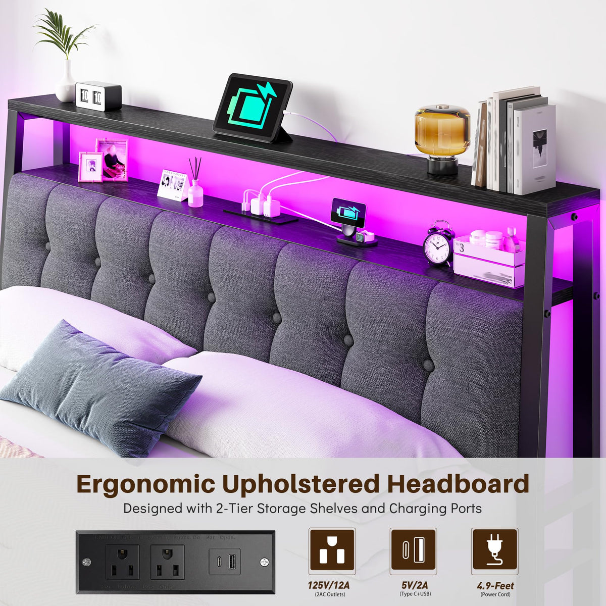 King Bed Frame with Charging Station Black K957597
